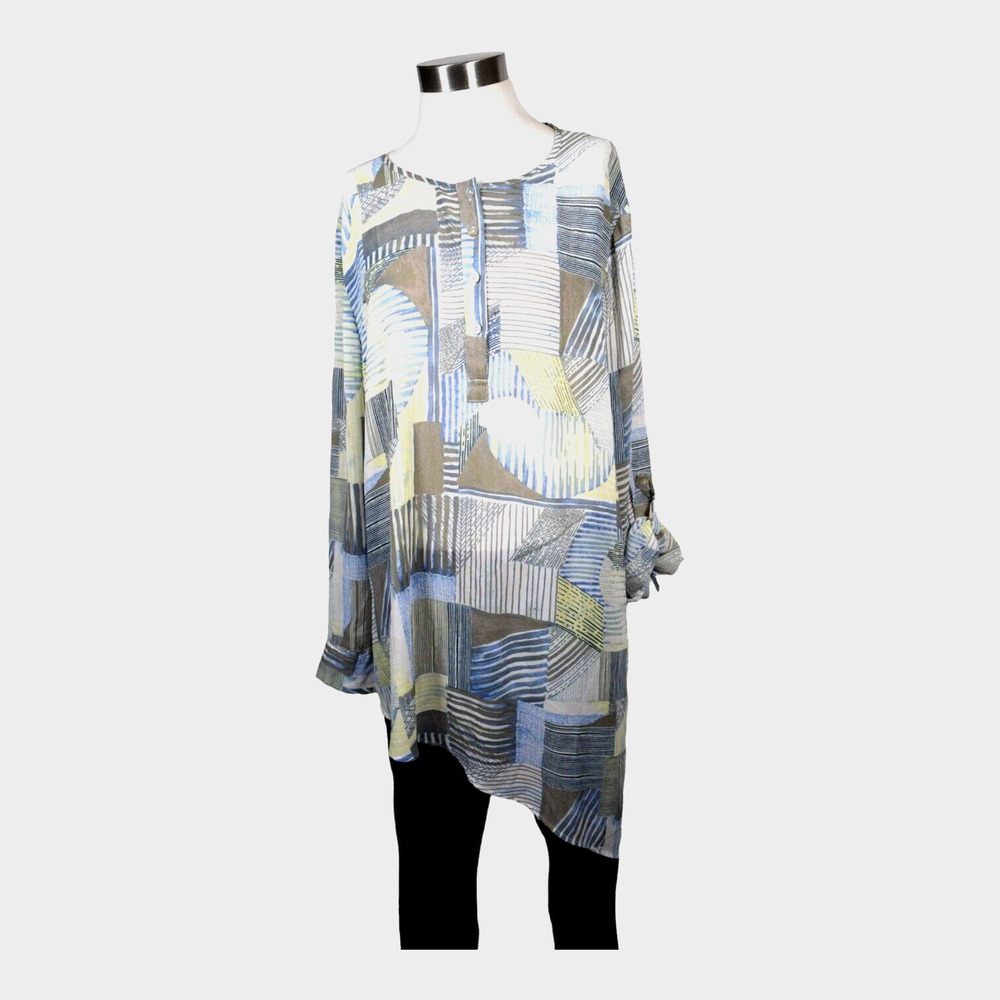 Chico's Pop-over Top Asymmetric Hem Tab Rollup Sleeve Sheer Geometric Print L